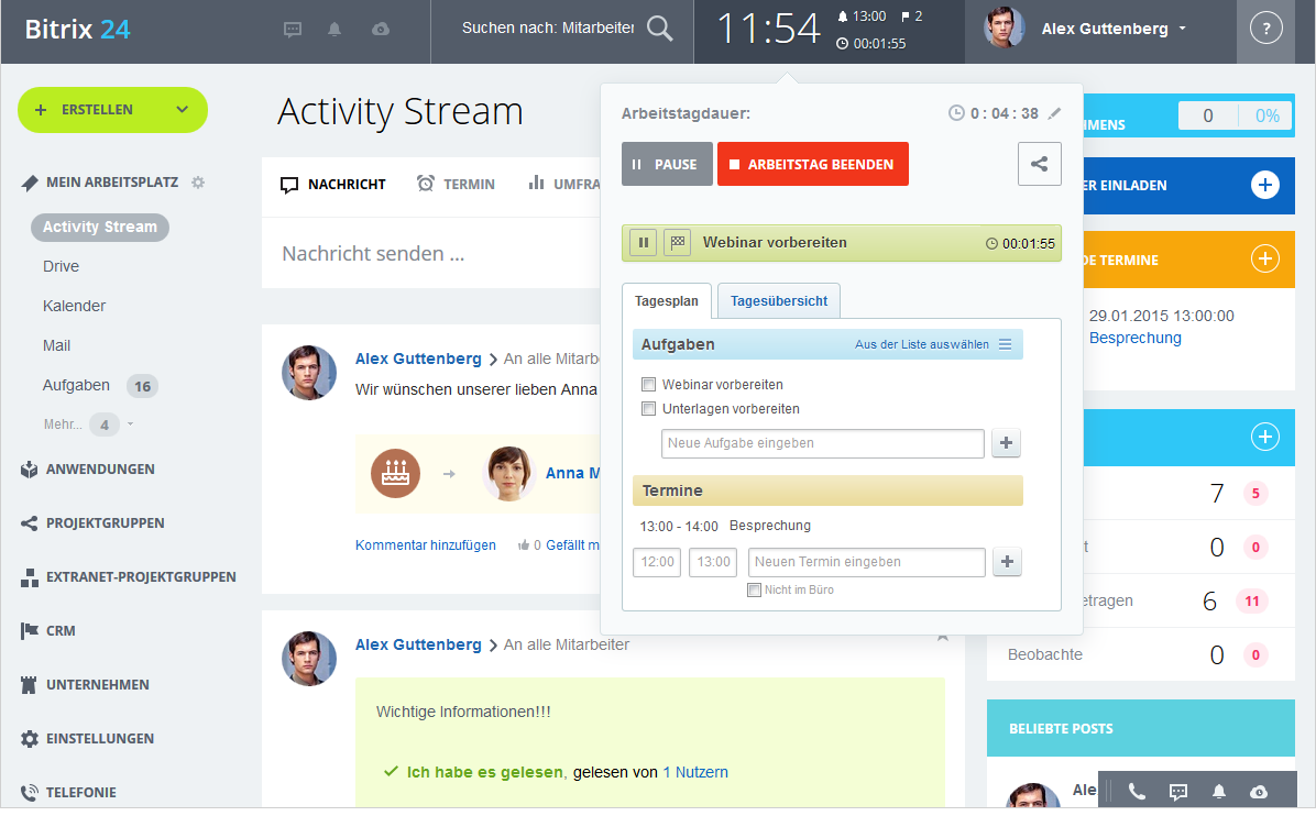 LINXYS Social Intranet HR Arbeitszeitmanagement Bitrix24