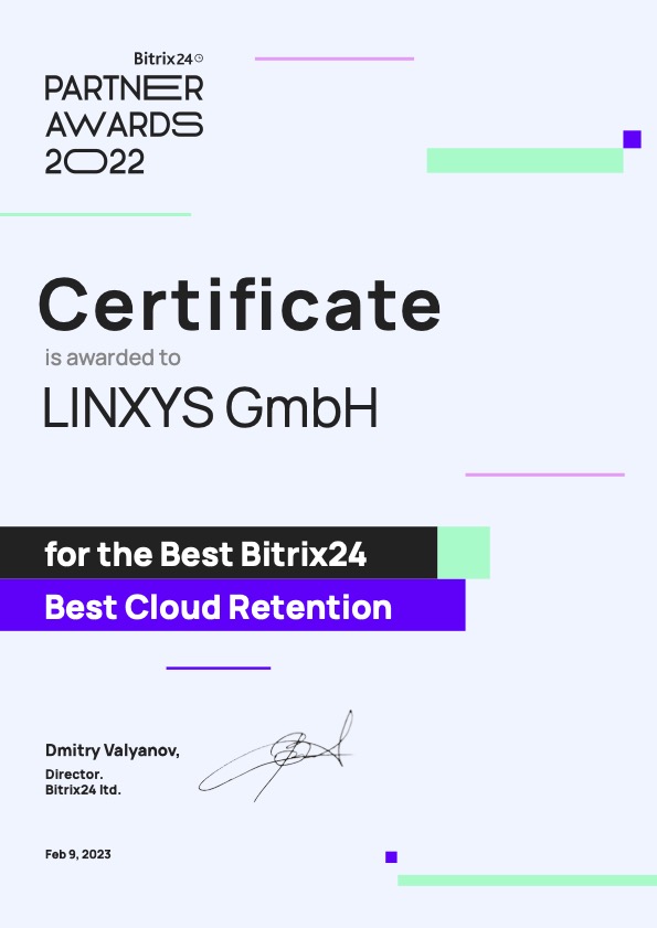 1. Platz weltweit: Best Bitrix24 Cloud Retention | LINXYS GmbH