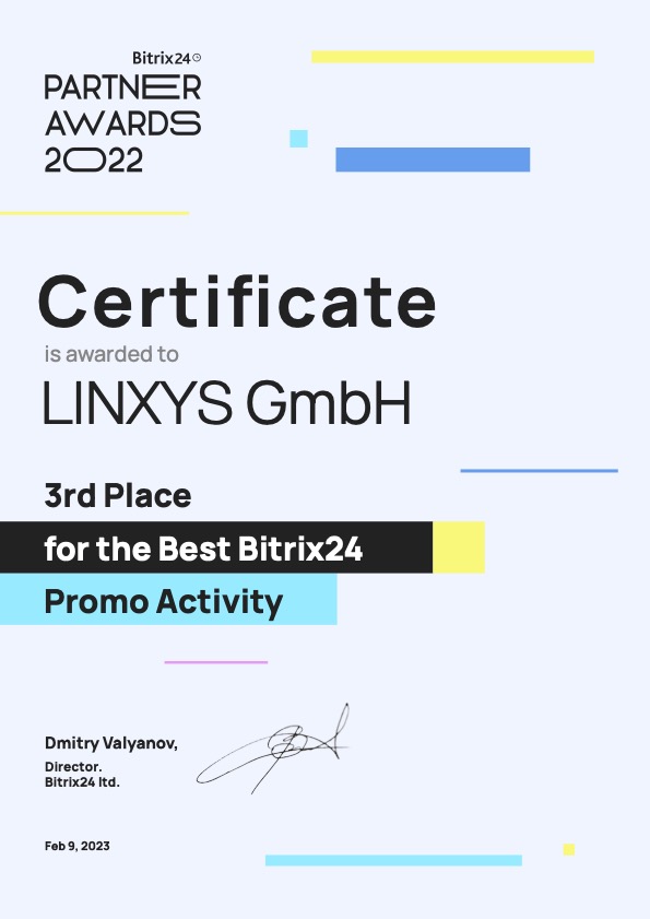 3. Platz weltweit: Best Bitrix24 promo Activity | LINXYS GmbH