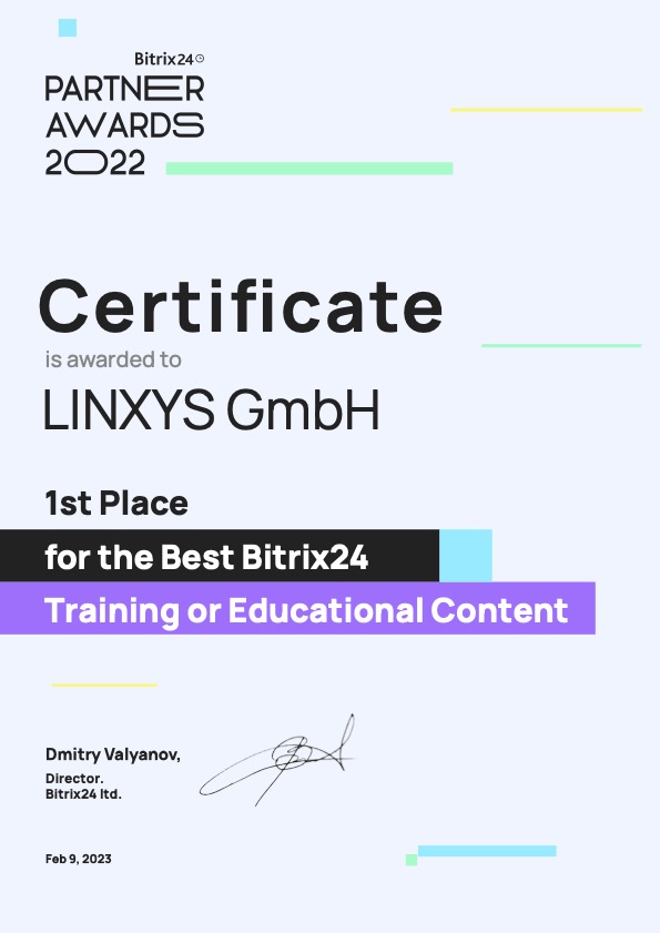 1. Platz weltweit: Best Bitrix24 Training or Educational Content | LINXYS GmbH